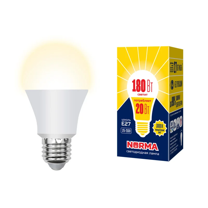 Лампа светодиодная 20W E27 220V 3000К 1750Лм (теплый белый) Шар матовый (A65) Volpe Norma