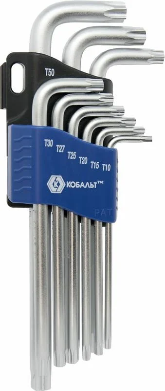 Набор ключей угловых 9 предметов, TORX T10, T15, T20, T25, T27, T30, T40, T45, T50, КОБАЛЬТ Tamper, удлиненных , блистер