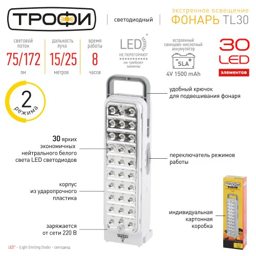 Фонарь кемпинговый Трофи TL30 Акку 4V1.5Ah, 30xLED, ЗУ 220V, карт