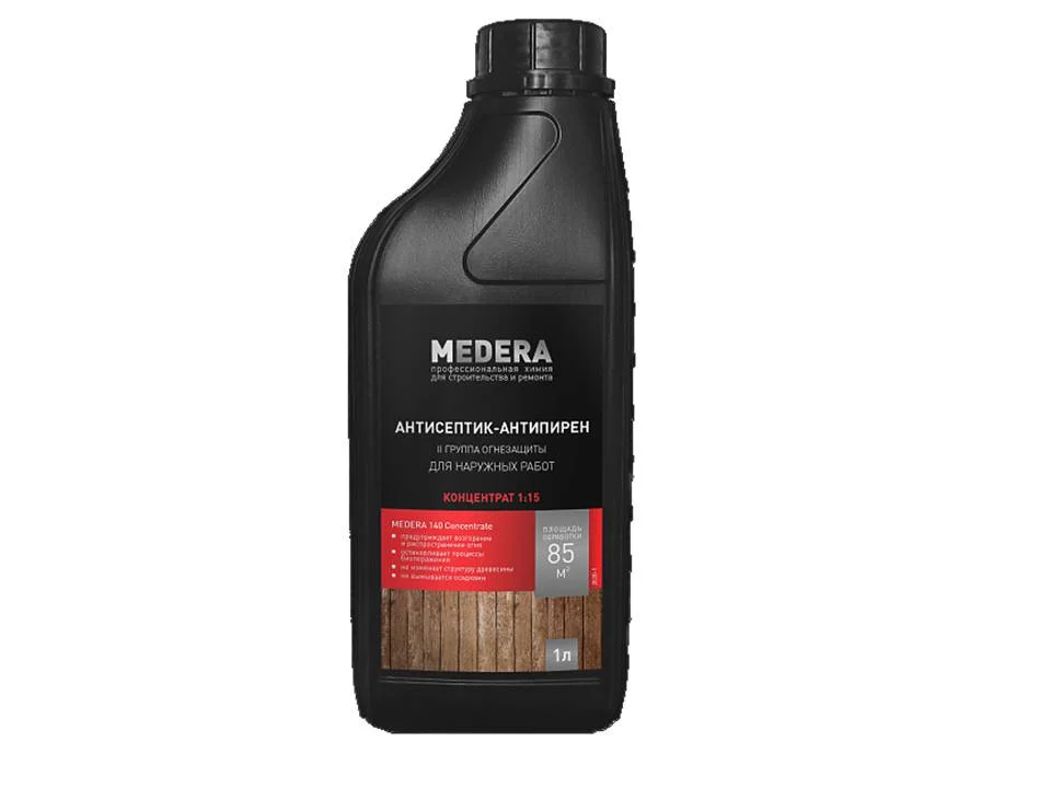 Огнебиозащита MEDERA 140 конц. 1:15, 1л (2 гр. огнезащиты) для наруж. работ янтарного цвета