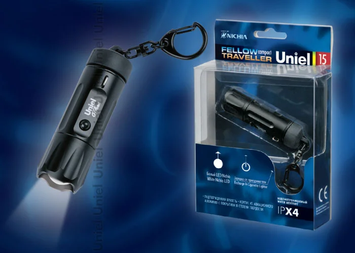 Фонарь мини Uniel Премиум «Compact fellow traveller», алюминиевый корпус, 1 Nichia 0, 5mm LED 3.6V 70mAh Ni-MH, черный, P-KL025-B Black