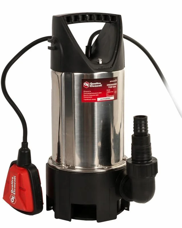 Насос дренажный QUATTRO ELEMENTI Drenaggio 750 F Inox (750 Вт, 12000 л/ч, для грязной, 7.5 м, 5,0 кг, нерж.сталь корпуса)