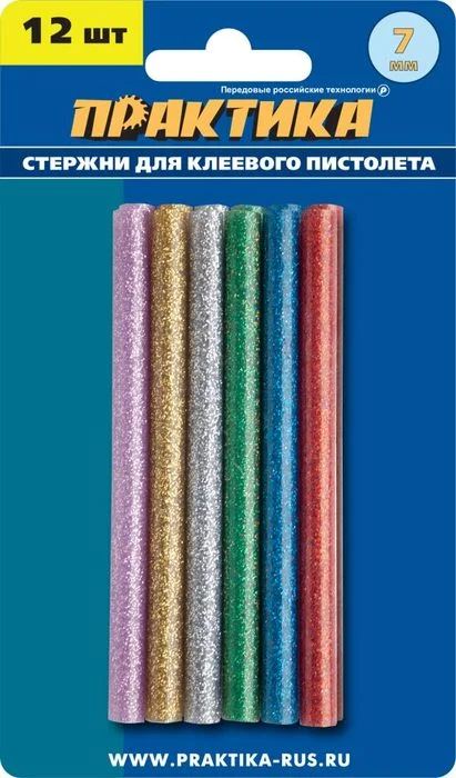 Стержни для клеевого пистолета 7х100мм, 12 шт, ПРАКТИКА, цветные, 6 цветов, металлик, блистер