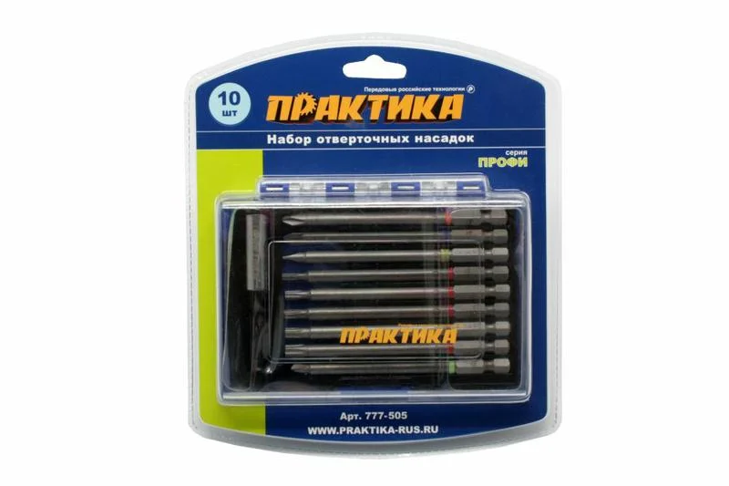 Набор бит 10шт, 100 мм, PH, PZ, SL, Torx, Tri-Wing, держатель 75 мм, кассета, "Профи" ПРАКТИКА