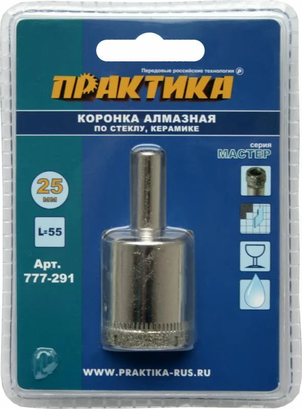 Коронка алмазная по стеклу и керамике D=25 мм, ПРАКТИКА "Мастер", блистер