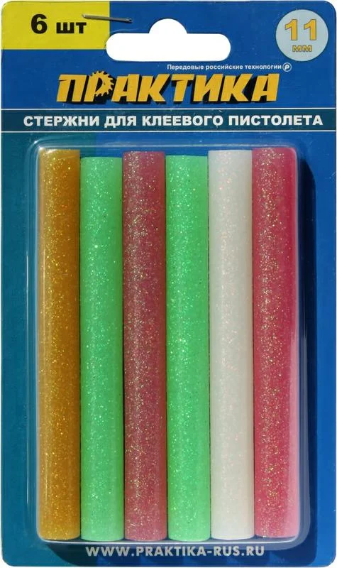 Стержни для клеевого пистолета 11х100мм, 6шт, ПРАКТИКА цветные, с блестками, блистер