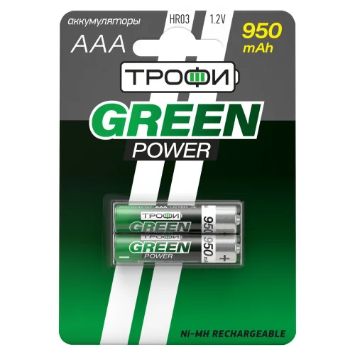 Аккумуляторная батарея HR03(ААА) NiMH(никель-металлгидридные ) 950mAh (уп. блитер 2шт) ТРОФИ GREEN POWER