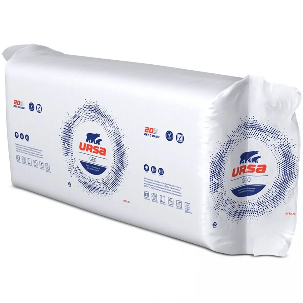 Утеплитель URSA GEO П-15 50мм в упаковке 24 плиты 610*1200 в упак 0,8784 м3 – 17,568 кв.м, 20 упак на поддоне
