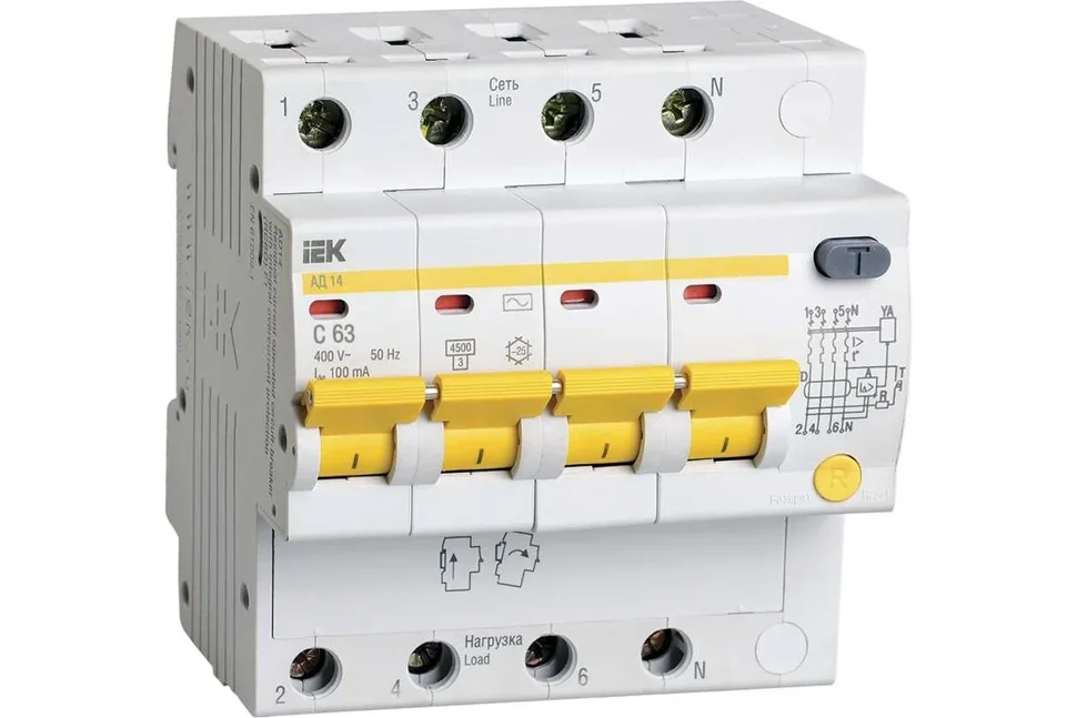 Выключатель автоматический диф. тока 4п АД-14 63А 4.5кА х-ка С IEK MAD10-4-063-C-030