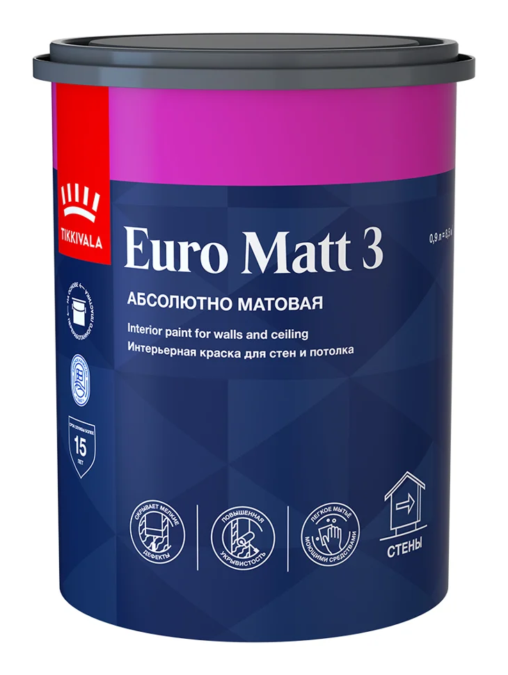 Краска ВД интерьерная глубокоматовая Tikkivala (Tikkurila) EURO MATT 3 База A 0,9л