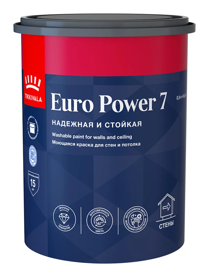 Краска ВД интерьерная моющаяся матовая Tikkivala (Tikkurila) EURO POWER 7 База А 0,9л
