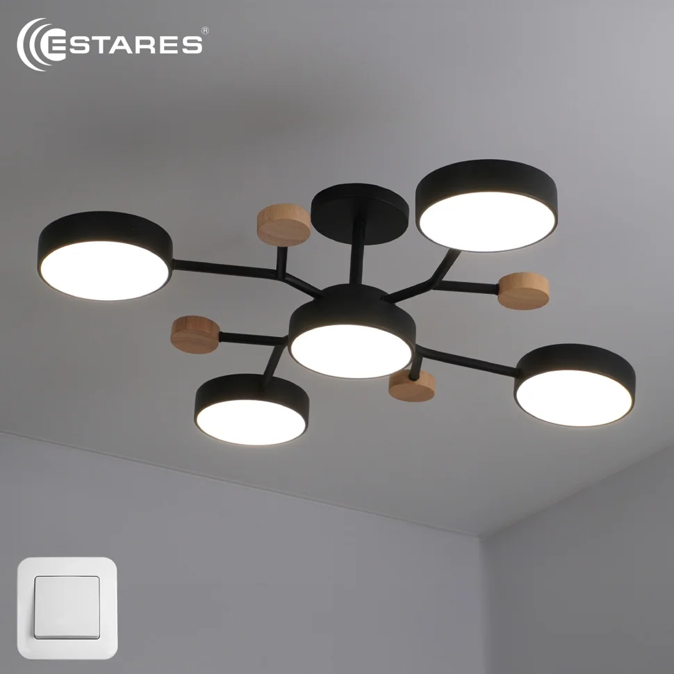 Люстра светодиодная управляемая LEVITA 75W 5R-ON/OFF-750x195-BLACK/WOOD/WHITE-220-IP20