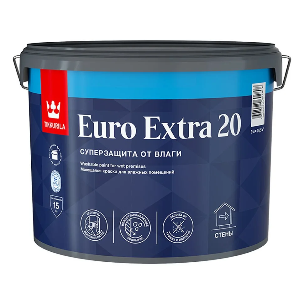 Краска ВД интерьерная моющаяся полуматовая Tikkurila EURO EXTRA 20 База А 9л