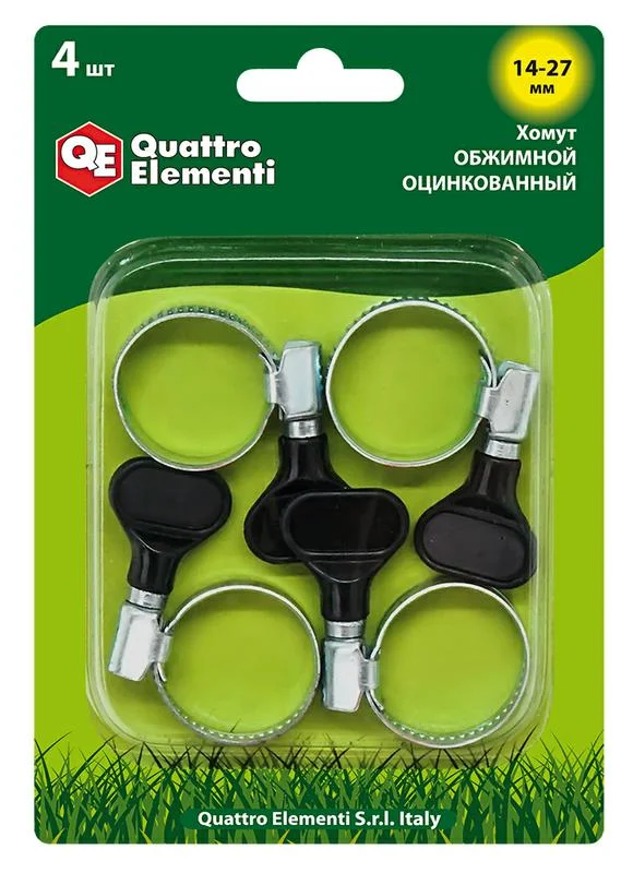 Хомут обжимной 14-27 мм, оцинкованный, с ключом 4 шт в блистере, QUATTRO ELEMENTI