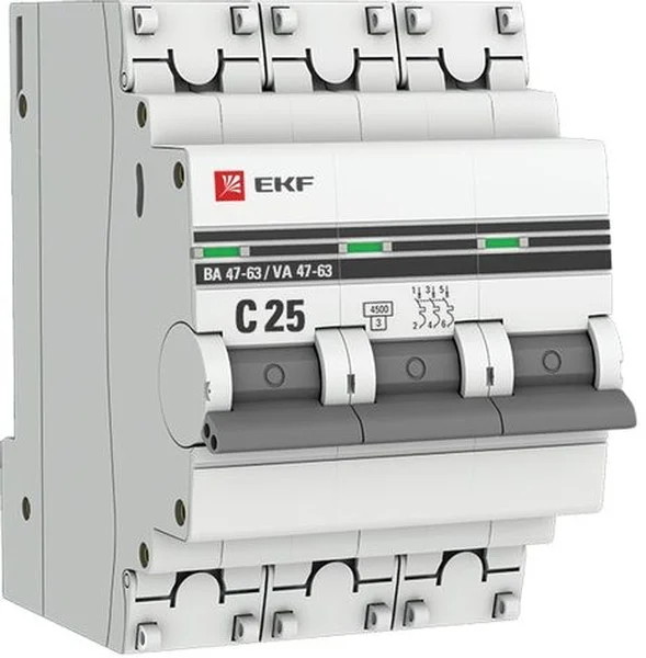 Выключатель автоматический BA47-63 3Р 25A 4.5kA х-ка С PROxima ЕКF mcb4763-3-25C-pro