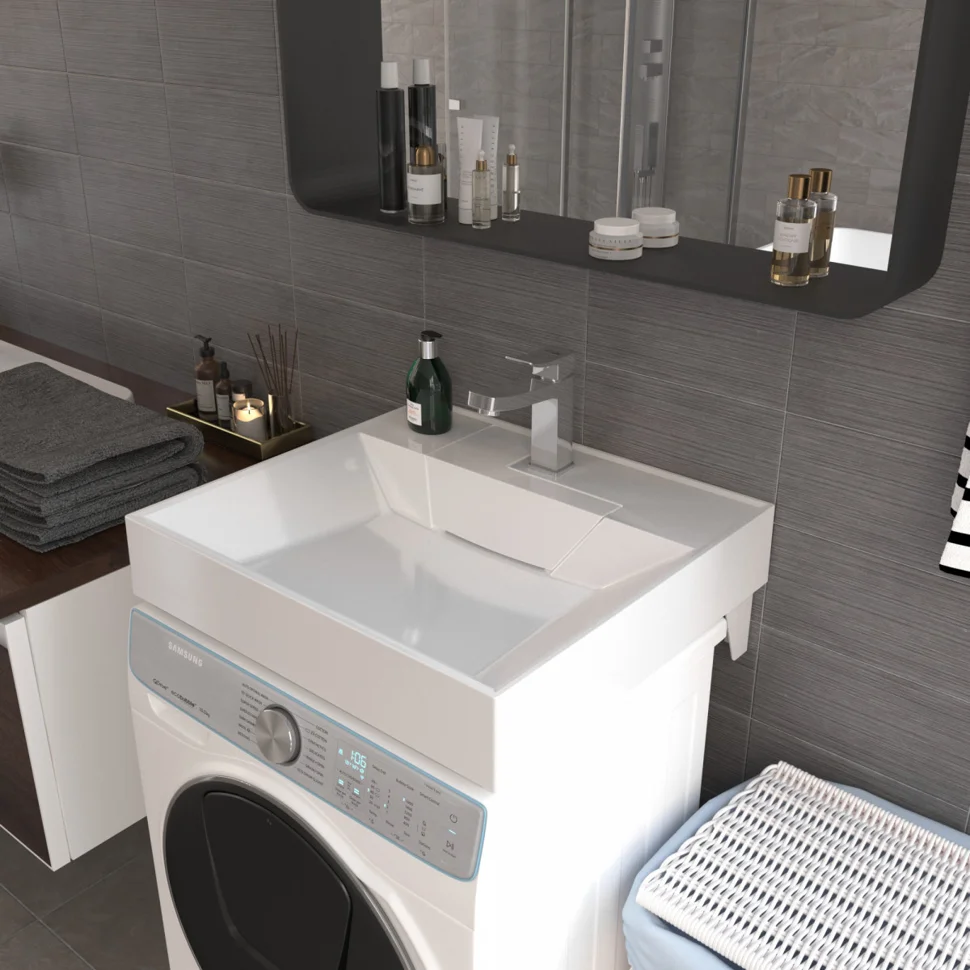 Умывальник SIRIUSLINE ESTETIC WHITE с 1-отв. (600*550*110) в комплекте с кронштейнами и сифоном Ани Юнг 1 1/4"*32 с отв. д/стир.машины, с гофр. трубой