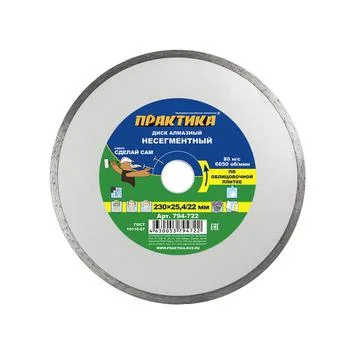 Диск алмазный несегментный 230 х 22 мм, ПРАКТИКА "Сделай Сам"