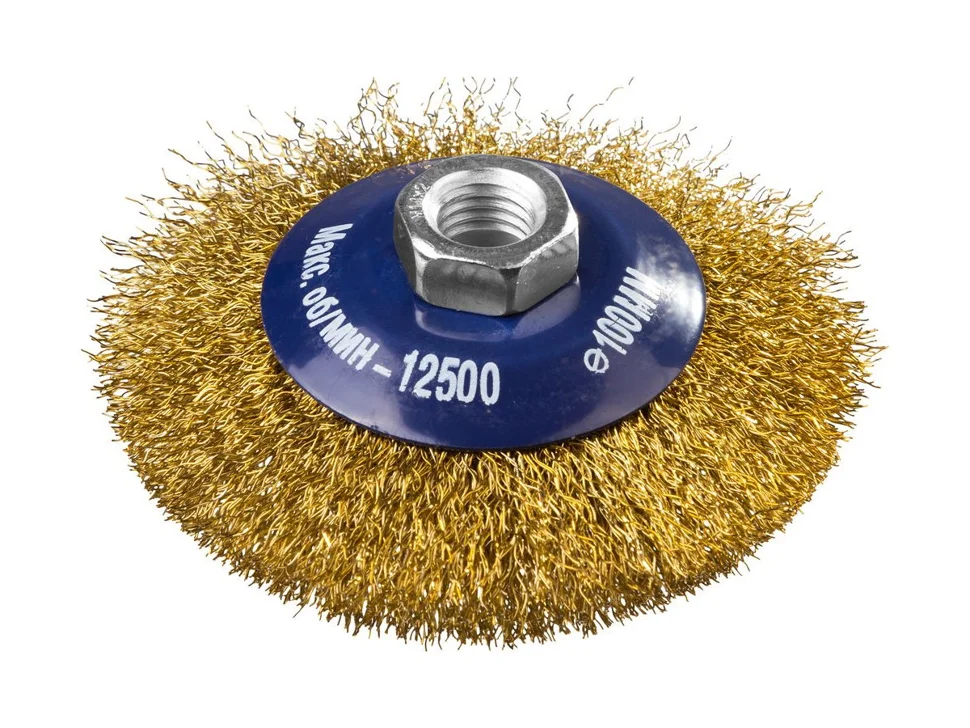 Щетка коническая для УШМ 100мм, М14, витая, стальная латунированная проволока 0,3мм, MIRAX