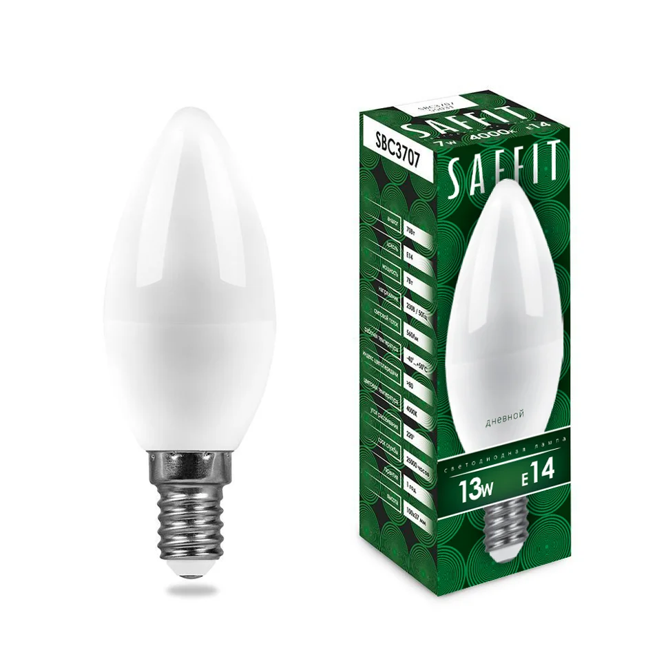 Лампа светодиодная 13W E14 230V 6400K (дневной) Свеча (C37) SAFFIT, SBC3713