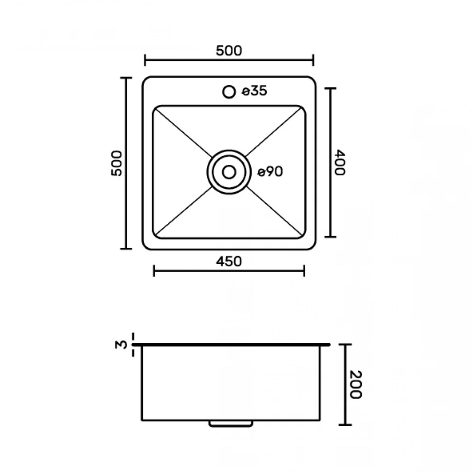 Мойка нержавеющая FABIA PROFI врезная, 50х50 (3 мм), глубина 220 мм, ГРАФИТ, ДИЗАЙН, большой сифон с переливом, корзиной и ковриком