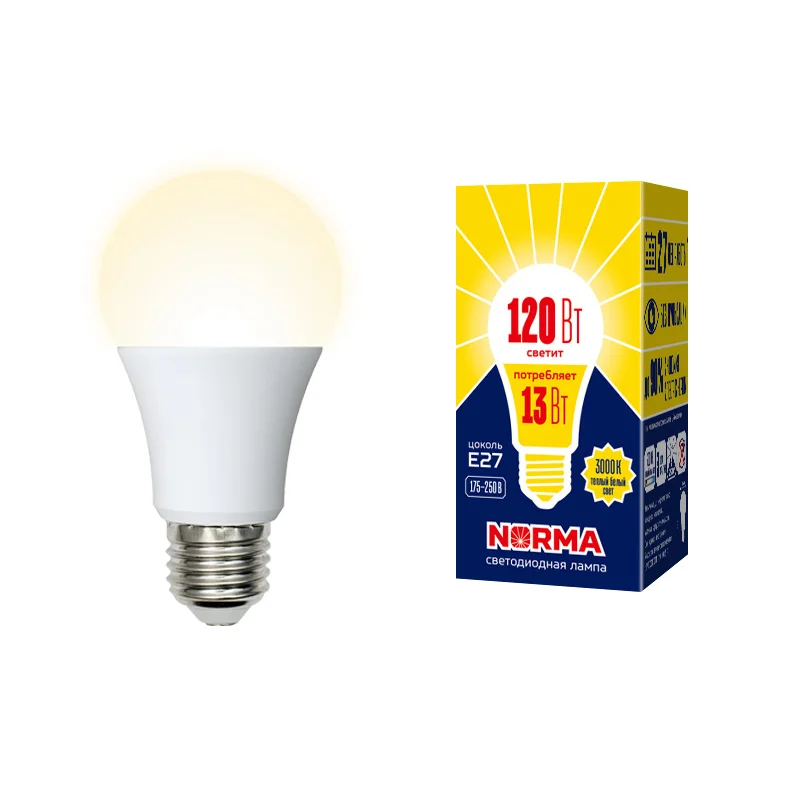 Лампа светодиодная 13W E27 220V 3000К 1150Лм (теплый белый) Шар матовый (A60) Volpe Norma