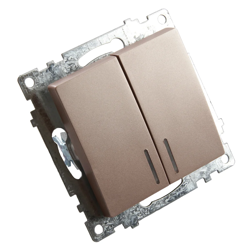 Выключатель двухклавишный СП 220V, 10А, c индикатором (механизм), шампань (GLS10-7102-02) Катрин STEKKER