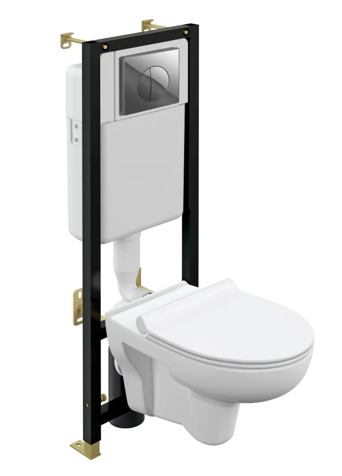 Унитаз подвесной CERSANIT NATURE CO DPL EO с инсталляцией BLACK, с дюропластовым сиденьем микролифт и кнопкой LEON пластик хром глянцевый