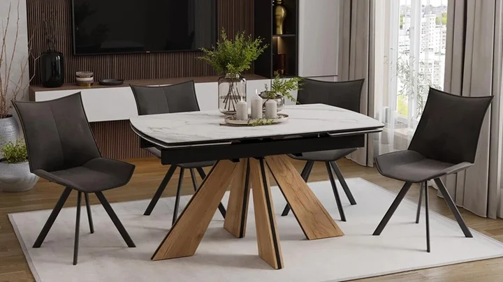 Стол обеденный Палмер раздвижной Тип 1 1400*(2095)*750*850 (Черный муар/Дуб галифакс нат/Керамика матовая белый мрамор)