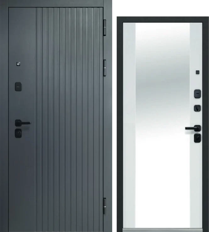 Дверь мет. LUXOR 2МДФ Вертикаль Зеркало 860х2050 "Л" Сатин графит/Эмалит Белый