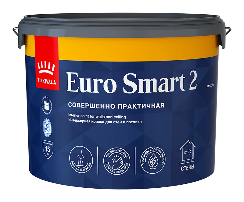 Краска ВД интерьерная глубокоматовая Tikkivala (Tikkurila) EURO SMART 2 A 9л
