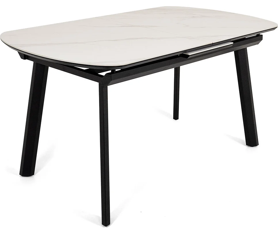 Стол Шамони-2С 90х160 (+37) (царга Чёрный/МДФ+PVC Чёрный/белый/White marbel)+ нога 5 (чёрный)