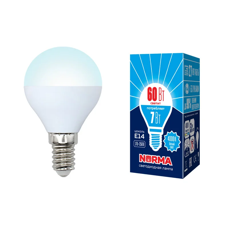 Лампа светодиодная 7W E14 220V 4000К 600Лм (белый) Шарик матовый (G45) Volpe Norma