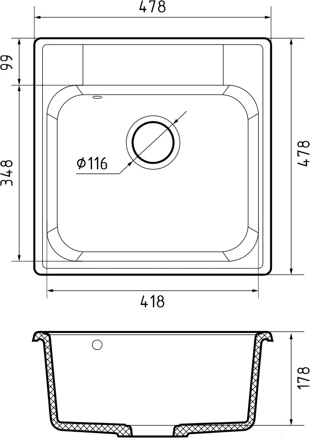 Мойка кварцевая ЭкоМ 4848 1-чаша 480*480мм цвет черный, арт.4848 черный
