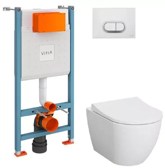 Унитаз подвесной Vitra Mia Round L-box с инсталляцией безободковый, двурежимная клавиша матовый хром, крышка дюропласт с тонким сиденьем микролифт