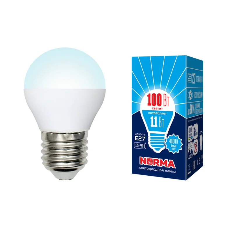 Лампа светодиодная 11W E27 220V 4000К 900Лм (белый) Шарик матовый (G45) Volpe Norma