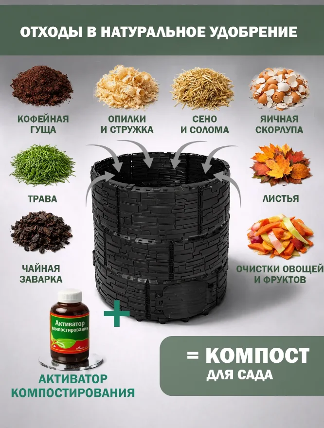 Компостер садовый «Бастион» усиленный, черный (люк черный), 1210 л