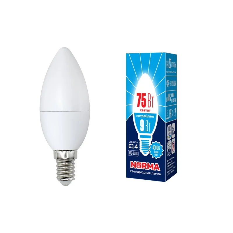 Лампа светодиодная 9W E14 220V 4000К 750Лм (белый) Свеча матовый (C37) Volpe Norma