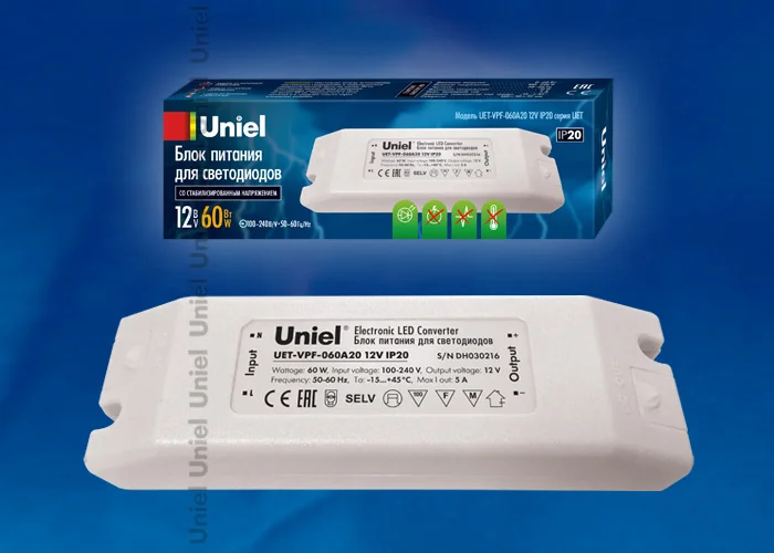 Блок питания 60 Вт, 12В, IP20, Uniel UET-VPF-060A20