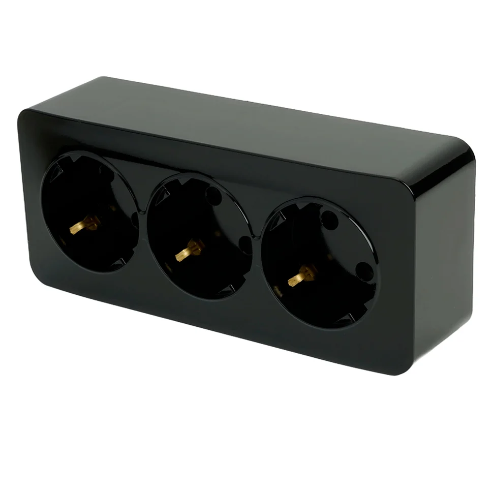 Розетка 3-местная ОП STEKKER София 250В, 10А, IP20 с заземлением, черный, арт.MST16-13-02*