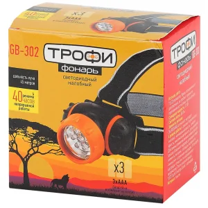 Фонарь налобный Трофи GB-302 3Вт, 7xLED, 3хААА, карт