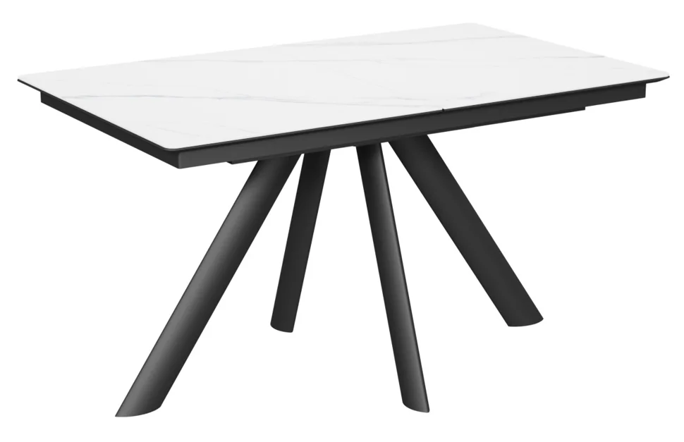 Стол Киото-1С 140х85 (+40) (царга Чёрный/МДФ+PVC Чёрный/White marble) + Нога №100Е (черный)