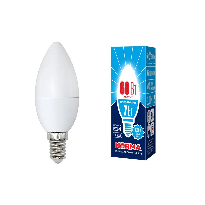 Лампа светодиодная 7W E14 220V 4000К 600Лм (белый) Свеча матовый (C37) Volpe Norma