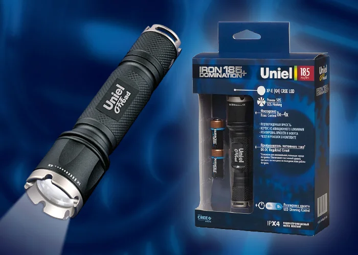 Фонарь ручной Uniel Премиум &#171;Iron domination-185 +&#187;, алюминиевый корпус, XP-E &#123;Q4&#125; CREE LED, 2 х CR123A, черный, P-ML072-BB Black
