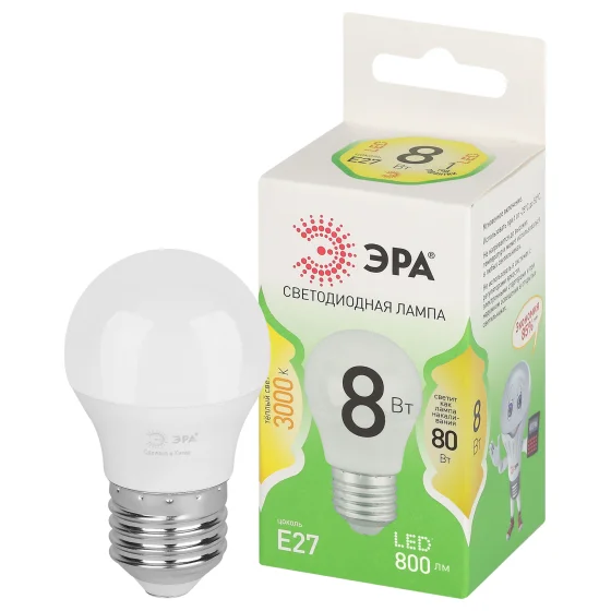 Лампа светодиодная 8W E27 220V 3000K 800Лм (теплый) Шарик (P45) ЭРА, GREEN LINE LED P45-8W-830-E27 GL