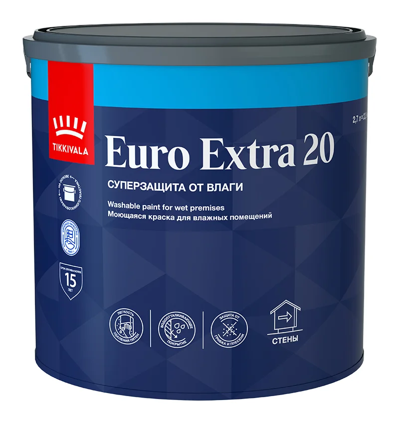 Краска ВД интерьерная моющаяся полуматовая Tikkivala (Tikkurila) EURO EXTRA 20 База А 2,7л