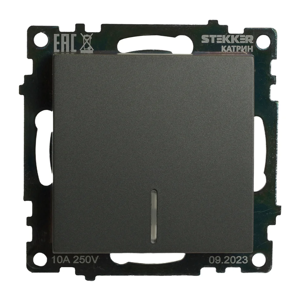 Выключатель одноклавишный (механизм) c индикатором, 250В, 10А, графит, GLS10-7101-06 Катрин STEKKER