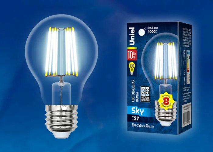 Лампа светодиодная 10W E27 200-250V 4000К NW (белый) Шар прозрачный (A60) Uniel Sky