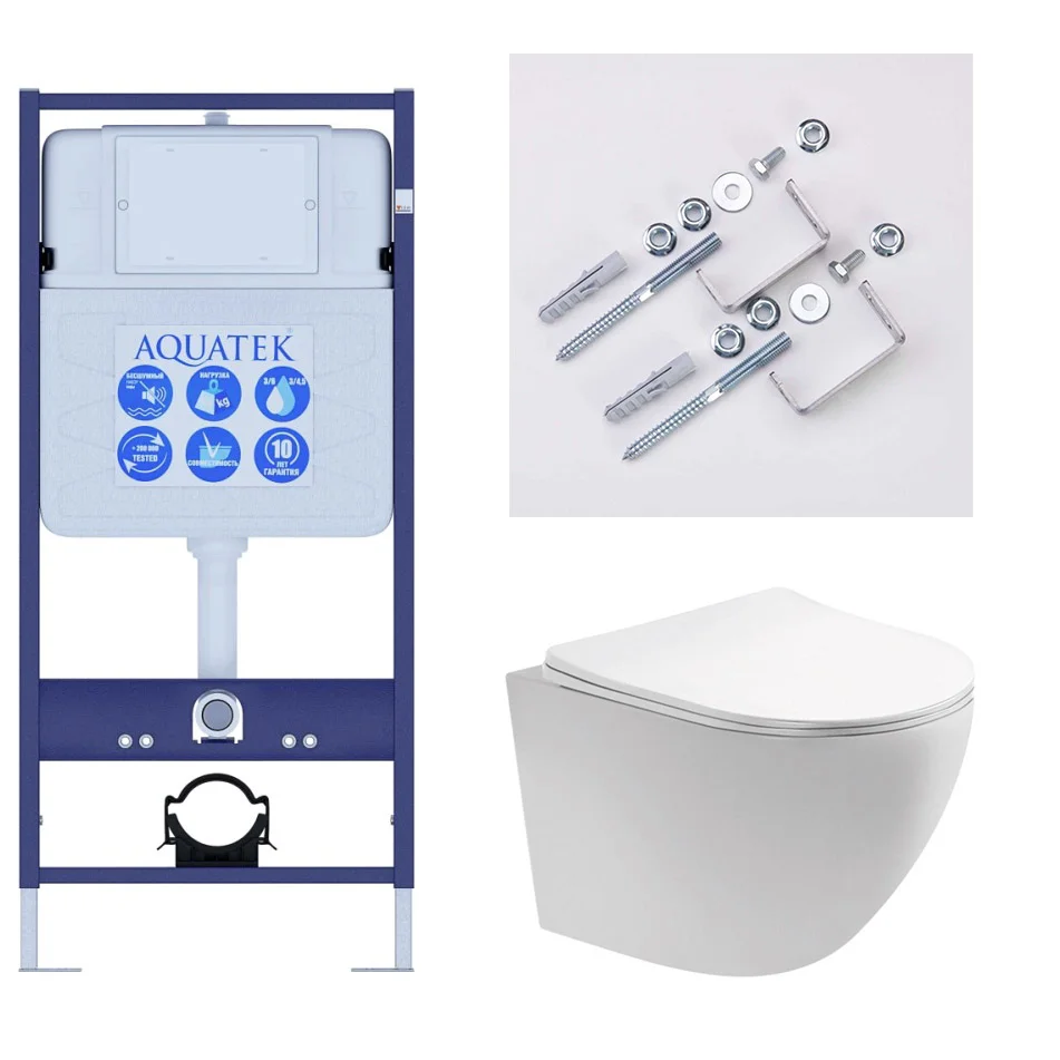 Комплект AQUATEK: унитаз подвесной ЕВРОПА с инсталляцией Aquatek Standard, с тонким сиденьем soft-close, с крепежом без клавиши смыва