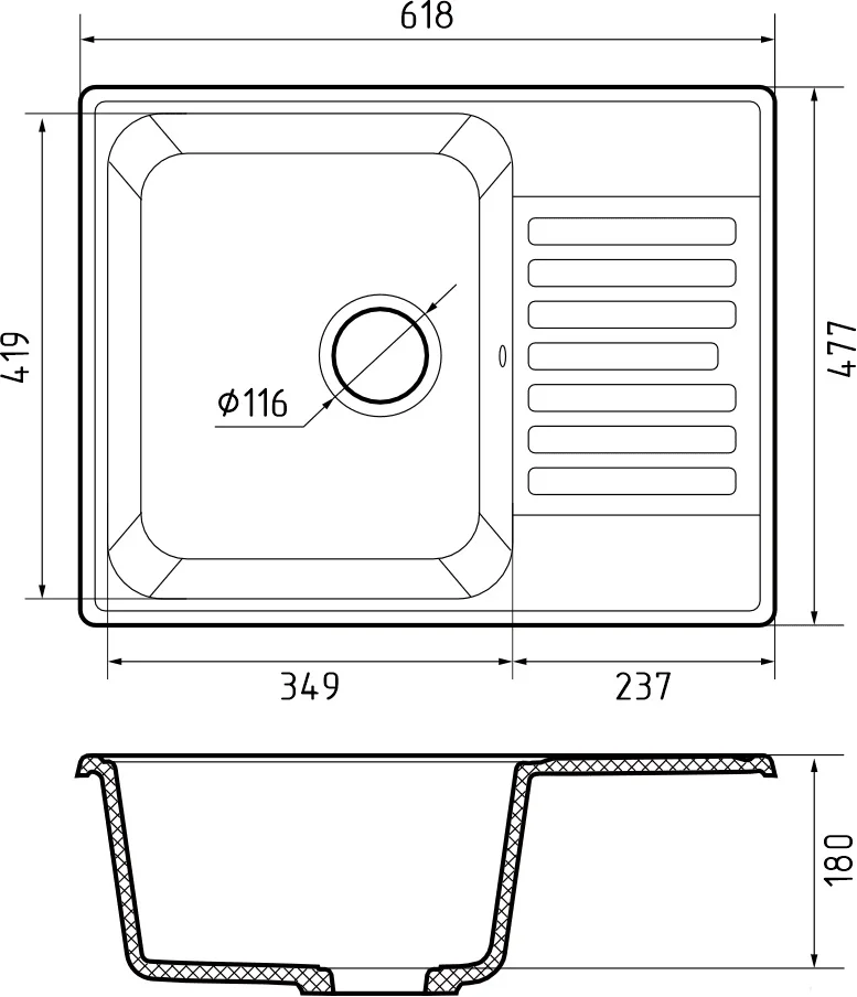 Мойка кварцевая ЭкоМ 6248 1-чаша+крыло 620*480мм цвет белый арт.6248 белый
