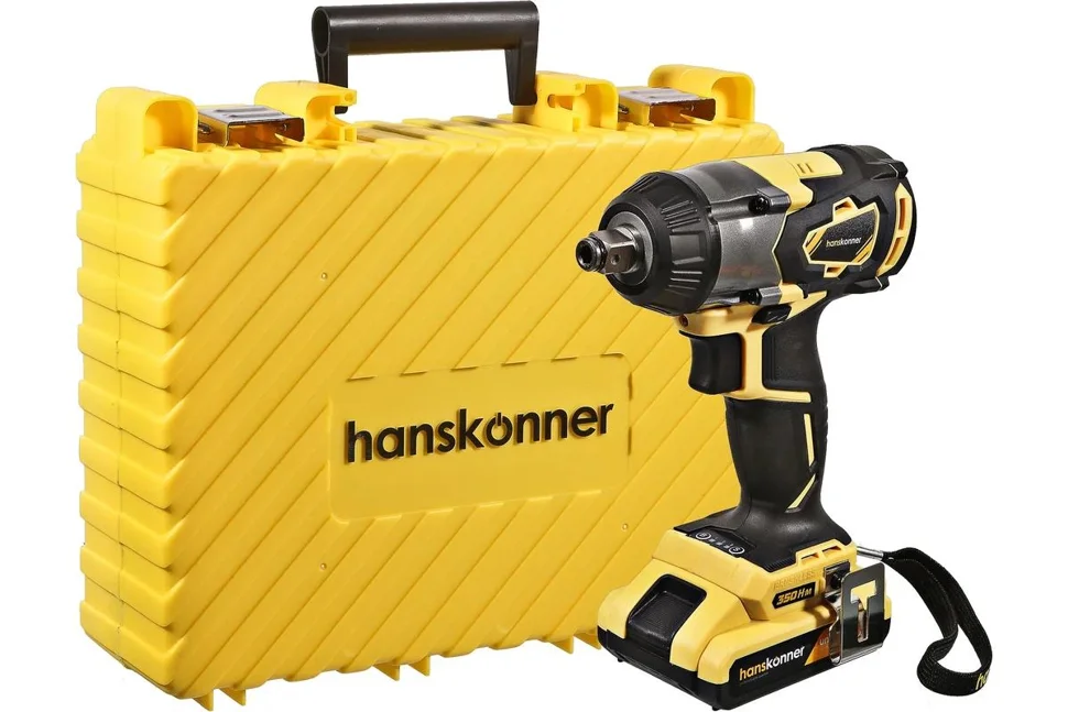 Гайковерт ударный бесщеточный 18В, 1BatterySystem, Unibattery,350Нм,1/2",3скор,2x2.4Ач,кейс Hanskonner